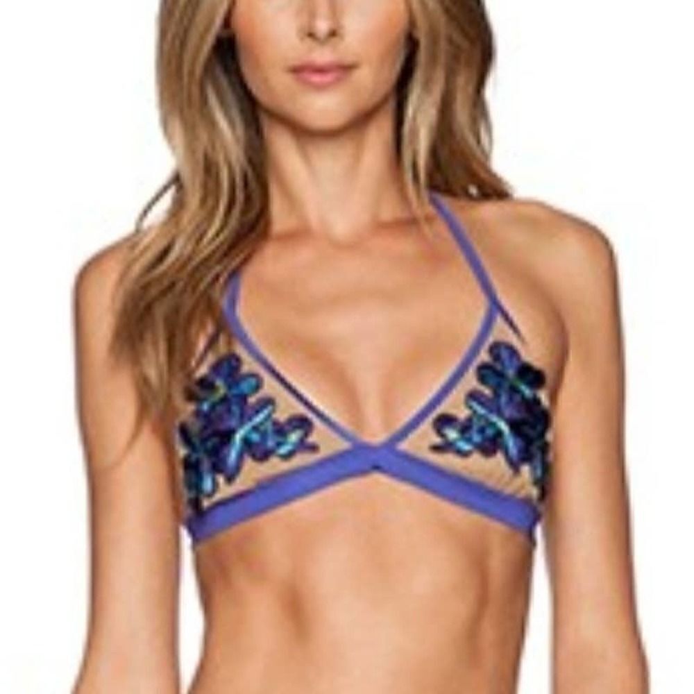 Topshop triangle embroidered mesh floral bikini top sz 4